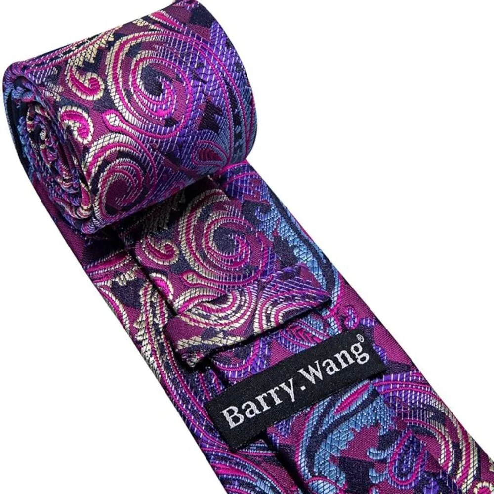 SILK Paisley Necktie And Pocket Square Cufflinks Set Purple